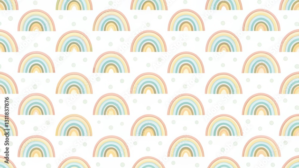 Pastel Rainbow Seamless Pattern Design Featuring Delicate Arcs and Soft Dots on White Background