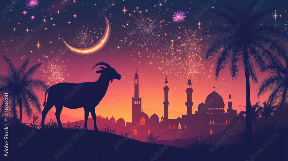 Naklejka premium Festive Eid al Adha Celebration Goat Silhouette Mosque Fireworks and Crescent Moon Night