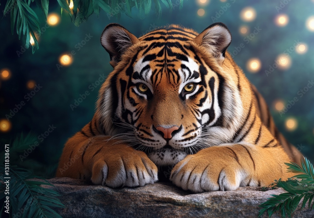 Fototapeta premium Majestic Tiger Portrait Amber Eyes, Orange Stripes, Winter Bokeh Lights