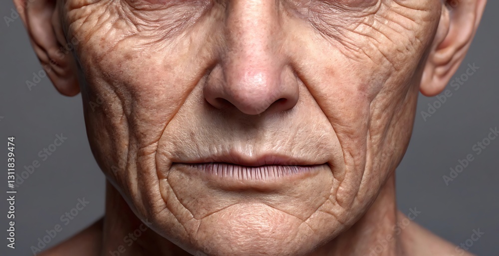 Close up of a senior person's face showing wrinkles and texture. Close up of a senior person's face showing wrinkles and texture.