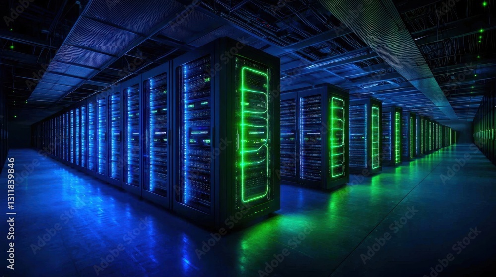 A massive, futuristic server room filled with towering racks of servers, illuminated by cool blue and green LED lights, intricate wiring A massive, futuristic server room filled with towering racks of servers, illuminated by cool blue and green LED lights, intricate wiring