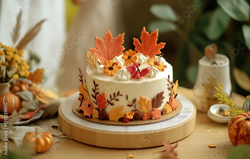 Portray an authentic autumn family bonding moment: baking a cake and family crafting fall-themed decorations. 