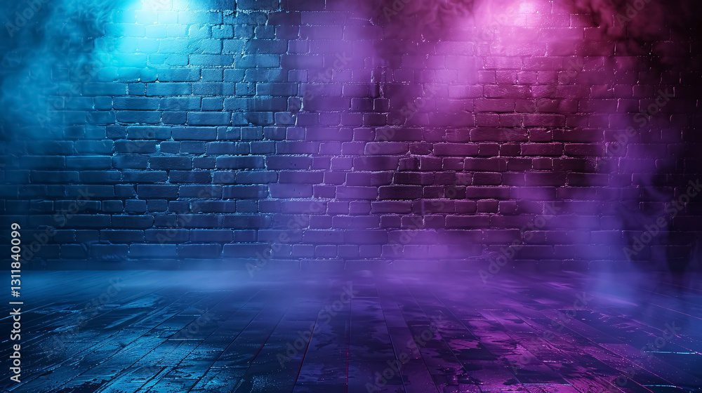 Fototapeta premium A brick wall texture pattern forms the backdrop of a blue and purple background, set in an empty dark scene. Laser beams, neon lights, spotlights reflect on the floor, creating a studio room 