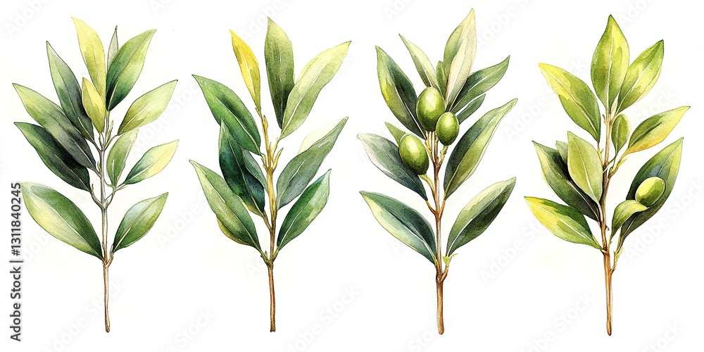 Fototapeta premium Watercolor floral illustration set - green leaf