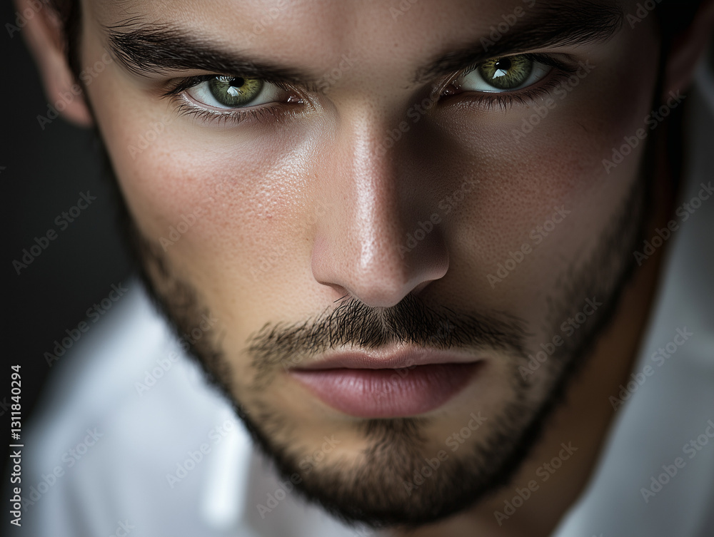 Obraz premium Serious young man with green eyes and short beard wearing white shirt