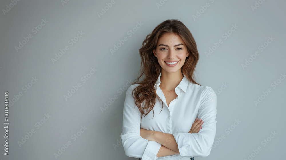 Hispanic beautiful woman wearing white shirt standing with arms crossed against gray background. Hispanic beautiful woman wearing white shirt standing with arms crossed against gray background.