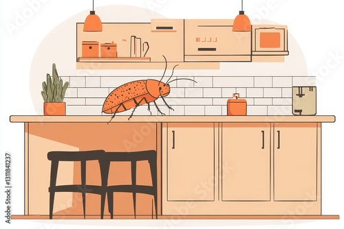 Cartoon cockroach exploring a modern kitchen environment