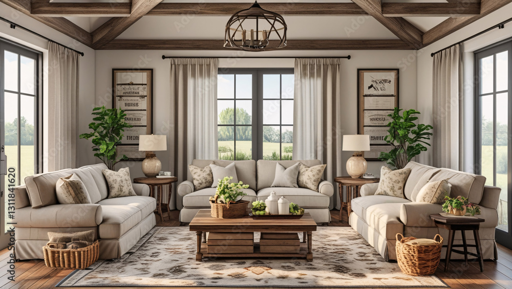 This living room has a warm and inviting farmhouse style. The exposed wooden ceiling beams and a large, rustic chandelier add character. This living room has a warm and inviting farmhouse style. The exposed wooden ceiling beams and a large, rustic chandelier add character.