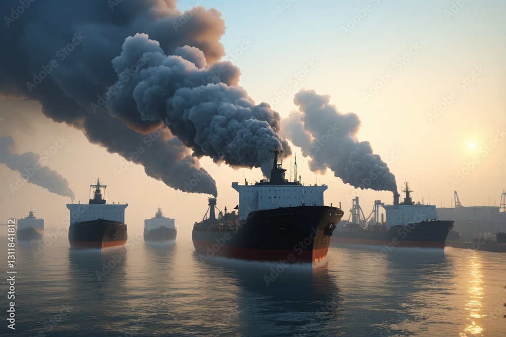 Fototapeta premium smoke billowing from a large ship in the ocean at sunset