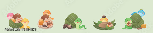 Playful snake and traditional Chinese Dragon Boat Festival food Zongzi, glutinous rice wrapped in bamboo leaves