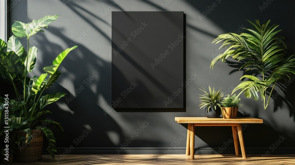 Fototapeta premium Dark Interior Mockup with Plants, Sunlight, and Empty Canvas