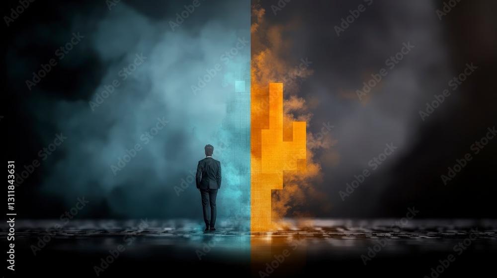 Man in Suit Standing Between Two Contrasting Worlds of Light and Darkness with Digital Elements Symbolizing Choice Man in Suit Standing Between Two Contrasting Worlds of Light and Darkness with Digital Elements Symbolizing Choice