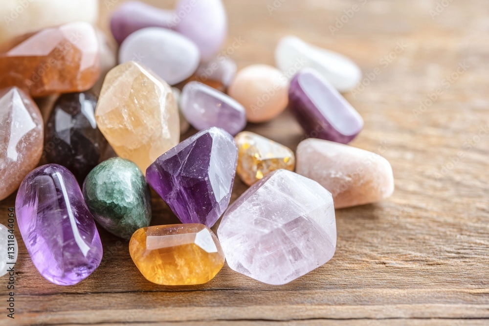 A vibrant collection of assorted gemstones and crystals on a wooden surface A vibrant collection of assorted gemstones and crystals on a wooden surface