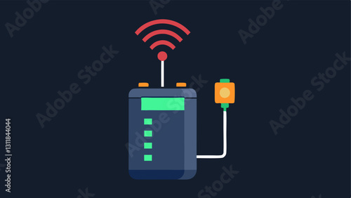 Wireless Connectivity A portable device with visible antennas and a charging port showcased with glowing signals to represent data transfer to smartphones or medical data systems.