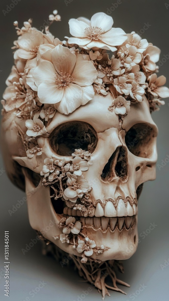 Naklejka premium A delicate skull decorated with blooming flowers, blending mortality and beauty in a unique artistic composition. Perfect for botanical or symbolic art projects.. AI Generation