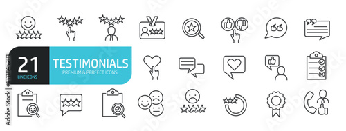 Set of line icons related testimonial, feedback, satisfaction, review. Outline icons collection. Editable stroke. Vector illustration