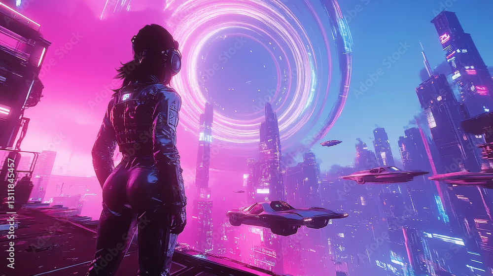 Futuristic cityscape with neon pink and blue skyline featuring flying cars and astronaut in cyberpunk atmosphere