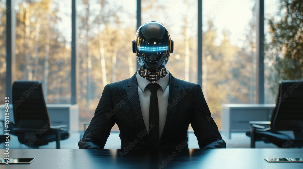 Futuristic robot in business suit sitting at office desk with forest view in background through large windows