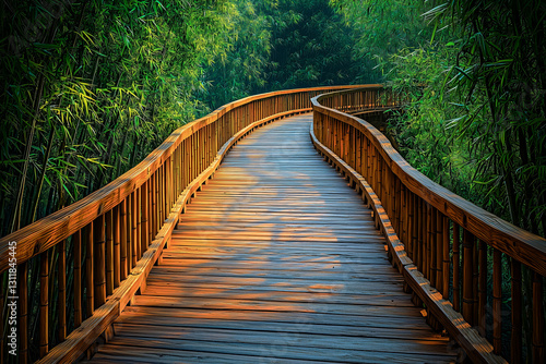 Winding wooden pedestrian bridge weaving through dense bamboo forest