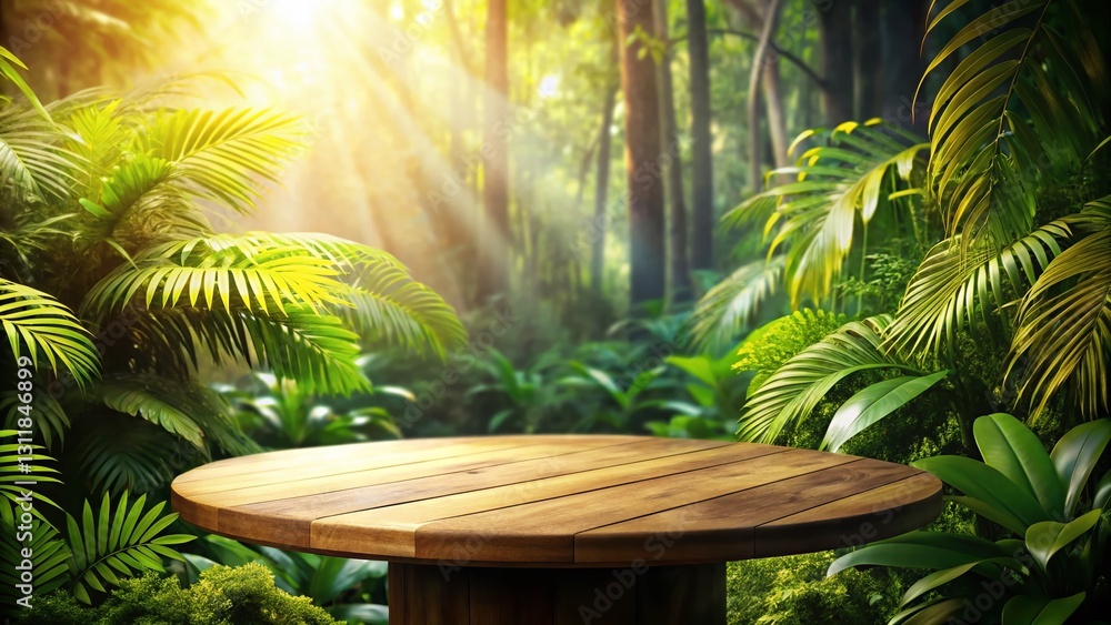 Wooden Round Table Jungle Background - Copy Space for Text and Design Wooden Round Table Jungle Background - Copy Space for Text and Design