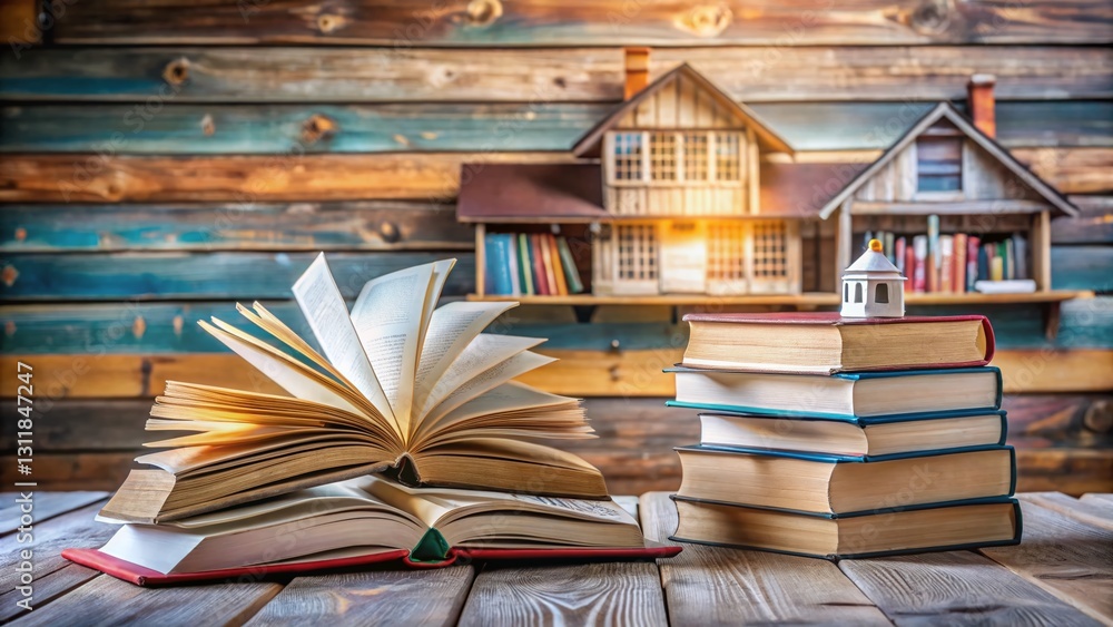 Fototapeta premium Wooden Table with Stack of Books and Novel Mockup - Education and Reading Concept