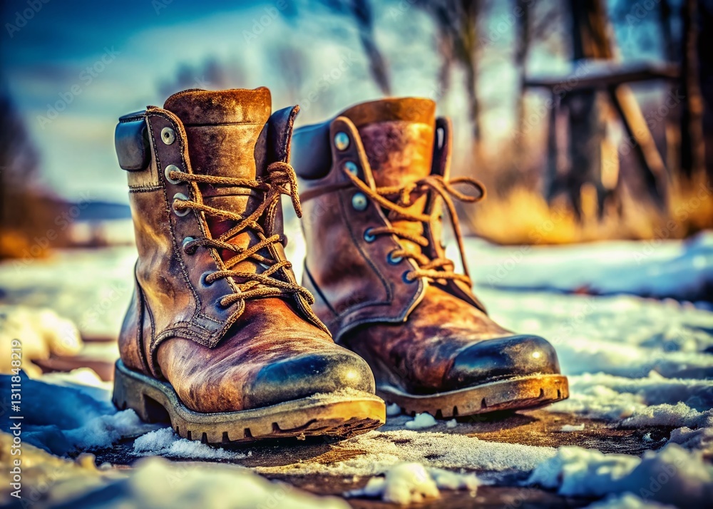 Fototapeta premium Worn Winter Boots in Snowy Landscape - Documentary Style Photography