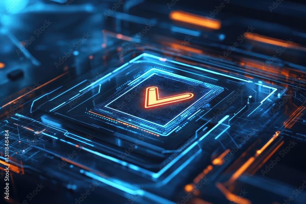 Futuristic Technology Circuit Board with Glowing Orange V Symbol Digital Innovation Network Futuristic Technology Circuit Board with Glowing Orange V Symbol Digital Innovation Network