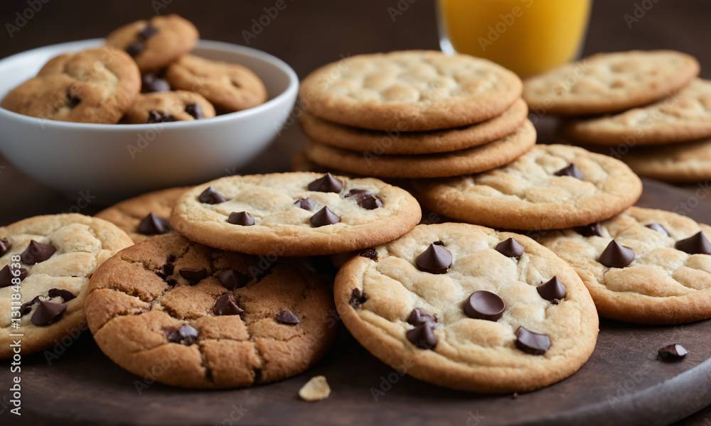 Assortment of cookies, primarily chocolate chip and plain cookies, arranged on a dark surface. There is some cookies are golden brown and some have chocolate chips scattered on top. Assortment of cookies, primarily chocolate chip and plain cookies, arranged on a dark surface. There is some cookies are golden brown and some have chocolate chips scattered on top.