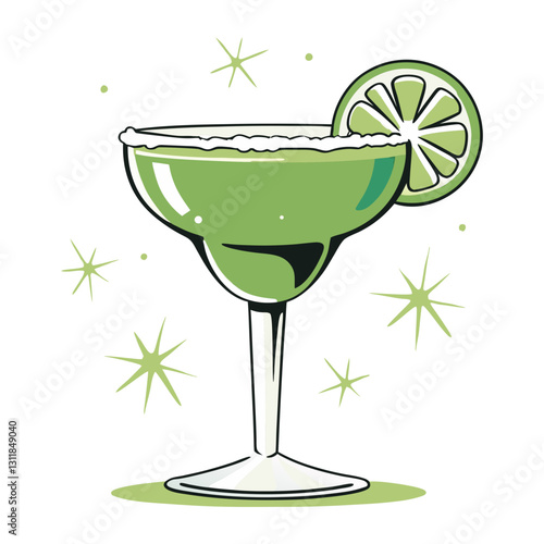 Vector stylized illustration of a green margarita cocktail with a salted rim and lime garnish. Modern, clean, and refreshing design.