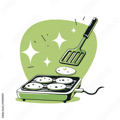 Minimalist vector illustration of pancakes cooking on an electric griddle with a spatula, symbolizing breakfast, home cooking, and delicious food. Modern and playful design.