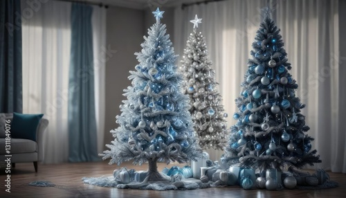 Icy blue and silver tinsel Christmas tree with glittering ornaments, frosty ambiance, wintry atmosphere