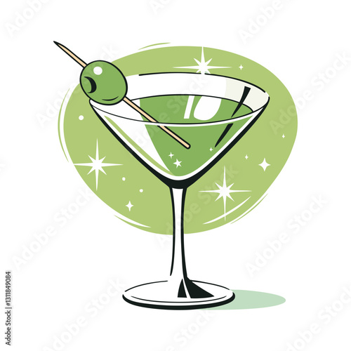 Minimalist vector illustration of a classic martini glass with an olive garnish, symbolizing cocktails, nightlife, and elegant drinking. Stylish and modern design.