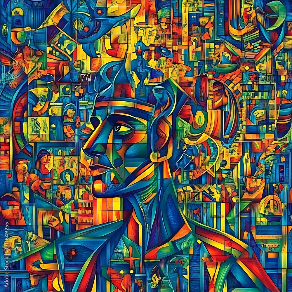 Colorful man's profile art, contemplation, mosaic background