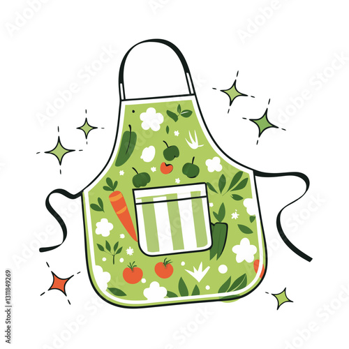 Minimalist vector illustration of a green apron with a vegetable pattern, symbolizing healthy cooking, gardening, and fresh ingredients. Modern and vibrant design.