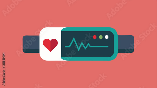 Wristband Monitor A sleek wristband with a small digital screen displaying hormone levels. The design features a heart rate icon and fluctuating line graphs that represent cortisol