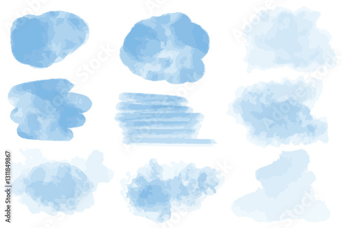 Light blue watercolor stains set. Sky blue strokes of different shapes. Clip art. Vector graphics