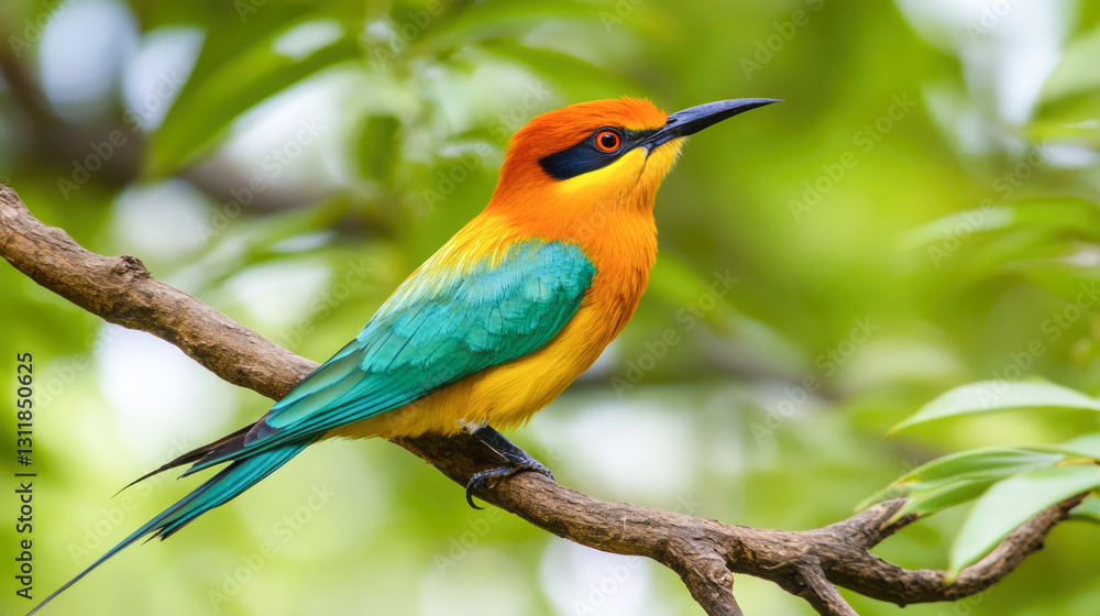Obraz premium Colorful bee-eater perched on branch amid lush greenery
