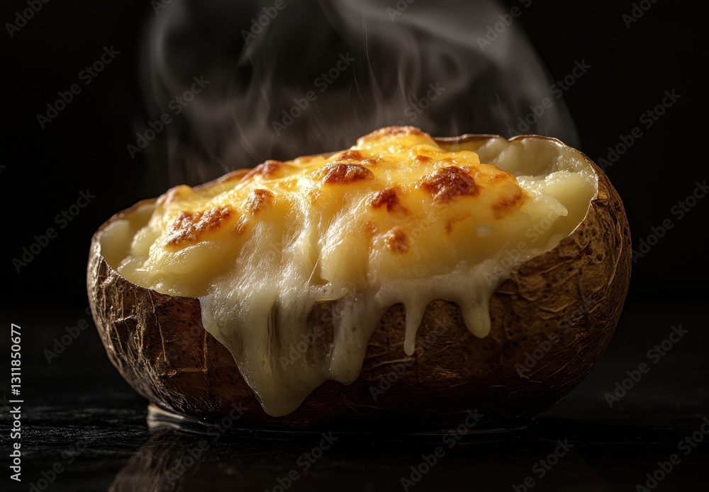 Deliciously Creamy Baked Potato with Melted Cheese Dripping, Hot and Steaming on Dark Background for Culinary and Food Photography Deliciously Creamy Baked Potato with Melted Cheese Dripping, Hot and Steaming on Dark Background for Culinary and Food Photography