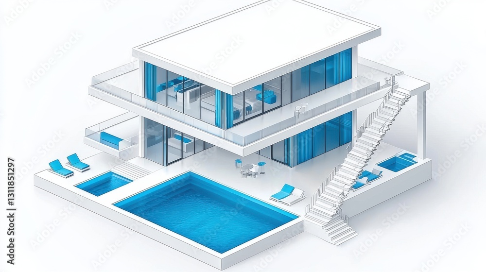 Modern House by Pool, Isometric View Modern House by Pool, Isometric View