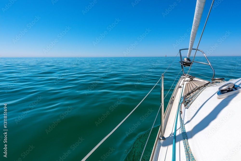 Obraz premium A serene view of a sailboat navigating calm waters under a clear blue sky