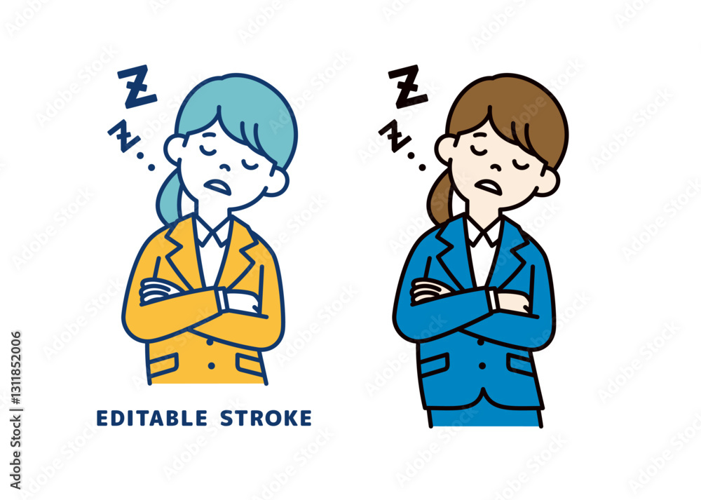 腕を組んで居眠りする、若い女性会社員のベクターイラスト素材＿線幅の編集可能