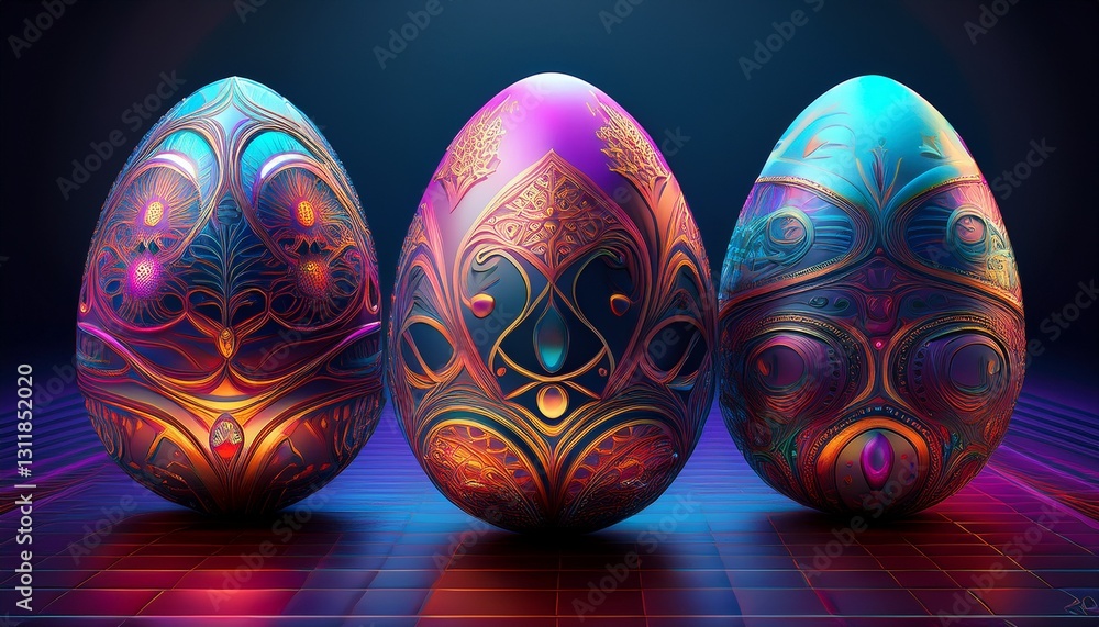 3D-rendered Easter eggs with NFT effects, featuring unique patterns and a digital art aesthetic, blending tradition with the virtual world 3D-rendered Easter eggs with NFT effects, featuring unique patterns and a digital art aesthetic, blending tradition with the virtual world