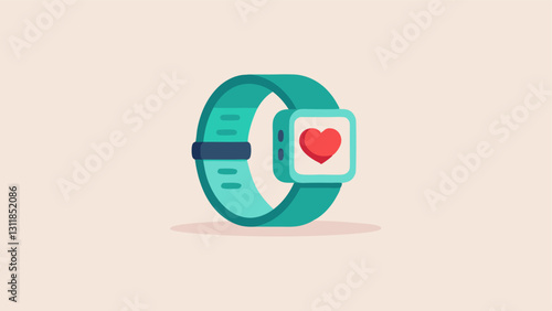 Wristband Device A sleek modern wristband with a heart symbol and a tiny screen displaying health metrics set against a light background.