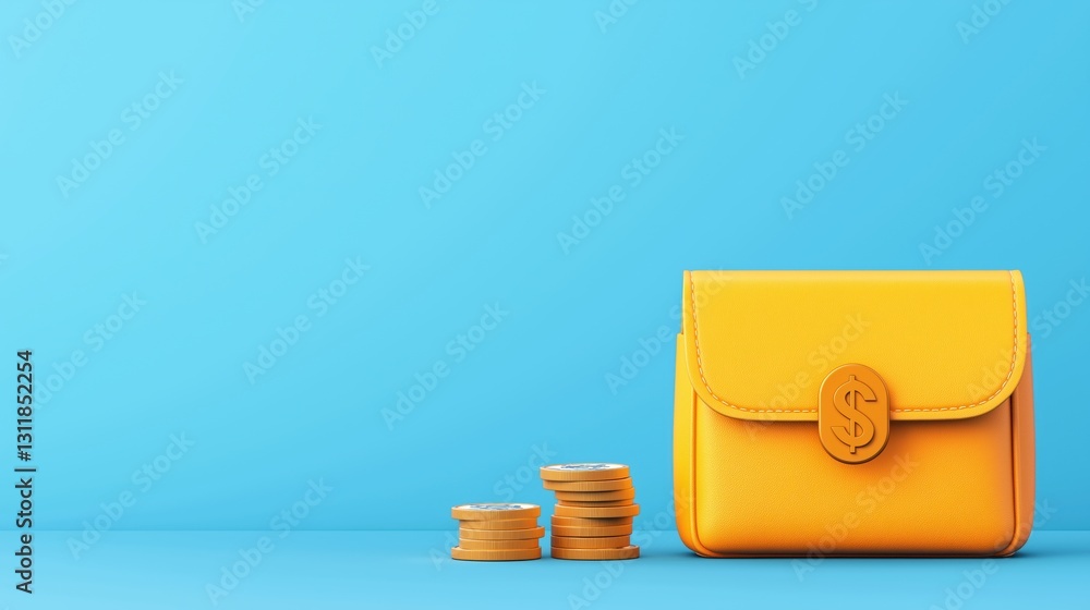 Conceptual Digital Wallet Transformation with Yellow Purse and Stacked Coins on Blue Background Conceptual Digital Wallet Transformation with Yellow Purse and Stacked Coins on Blue Background