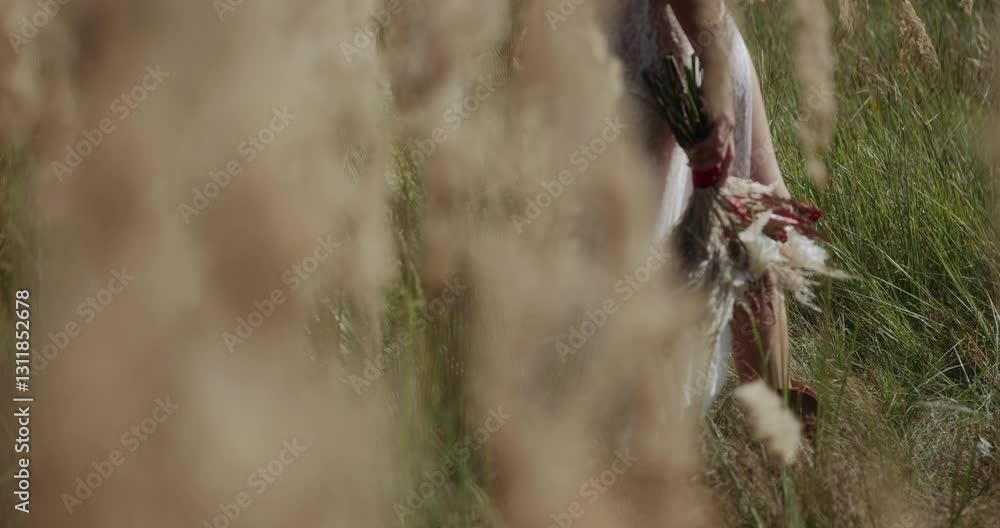 A beautiful artistic shot of the bride in the morning, standing in a field or meadow among the ears of corn with a bouquet in her hands. The bride is wearing cowboy boots. Unrecognizable face. 4K A beautiful artistic shot of the bride in the morning, standing in a field or meadow among the ears of corn with a bouquet in her hands. The bride is wearing cowboy boots. Unrecognizable face. 4K