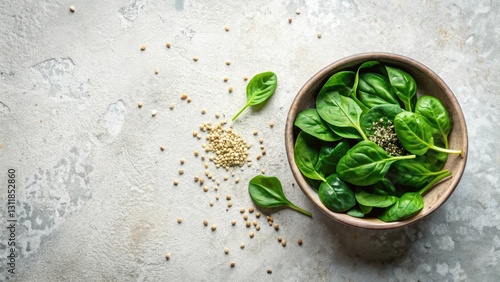 A bowl of fresh spinach leaves seasoned with nutritious seeds, arranged on a textured surface