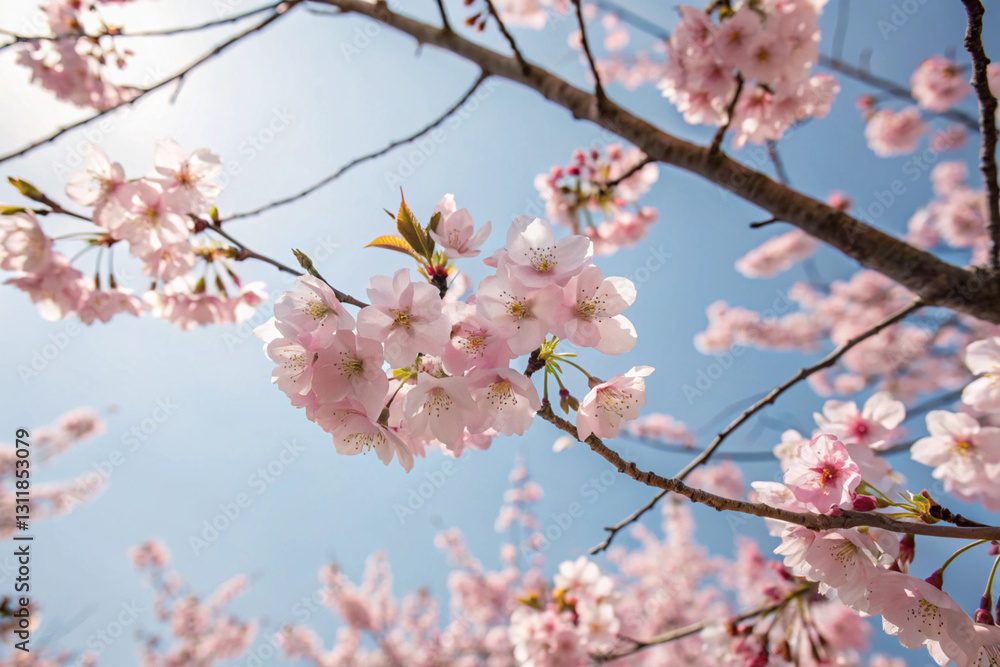 Pink cherry blossoms blooming on a tree in spring with a clear sky in the background Pink cherry blossoms blooming on a tree in spring with a clear sky in the background