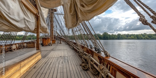 Close-up of a tall ship's intricately woven wooden deck, where light-brown planks form a mesmerizing circular pattern, capturing the essence of nautical charm and craftsmanship photo