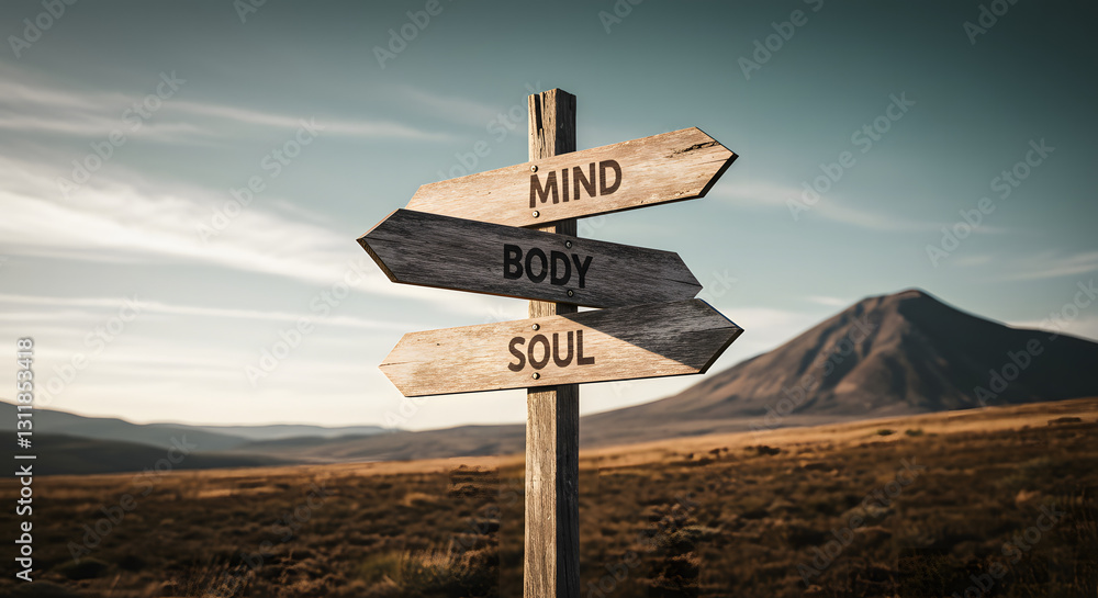 Wooden signpost in nature directing towards mind, body, and soul with a scenic mountain backdrop Wooden signpost in nature directing towards mind, body, and soul with a scenic mountain backdrop
