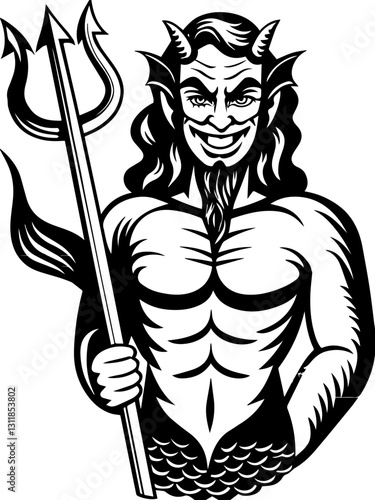 SVG vector features classic demons and eldritch entities. Mischievous Sea Creature with Trident and Playful Expression